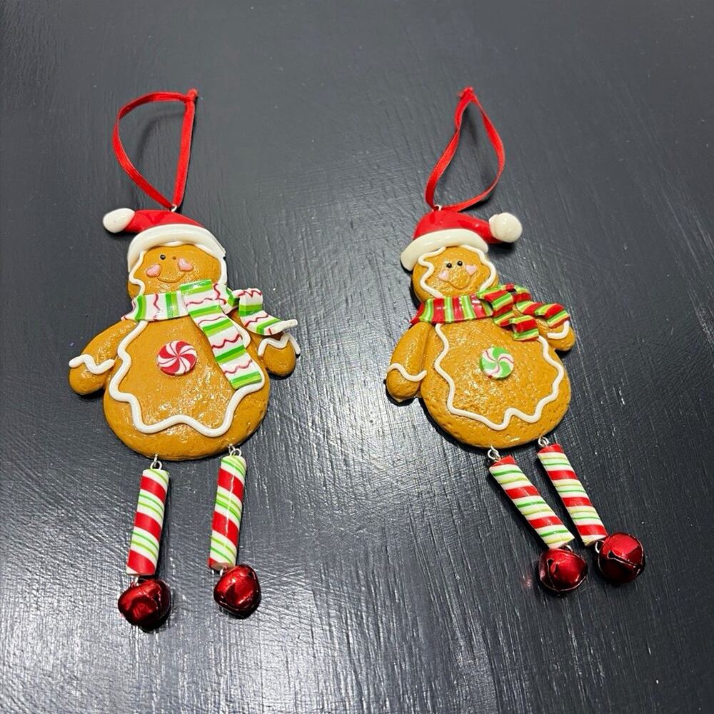 Set of 2 Gingerbread Man Christmas Hanging Ornaments w/ Jingle Bells